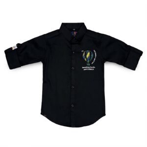 Kids Black Button-Down Shirt with Hot Air Balloon Design, Roll-up Sleeves