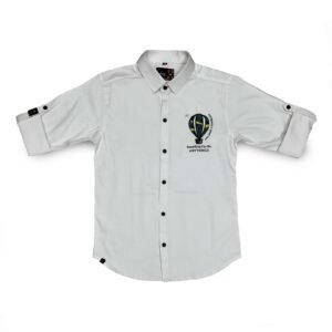 kids White Button-Down Shirt with Hot Air Balloon Embroidery, Roll-up Sleeves